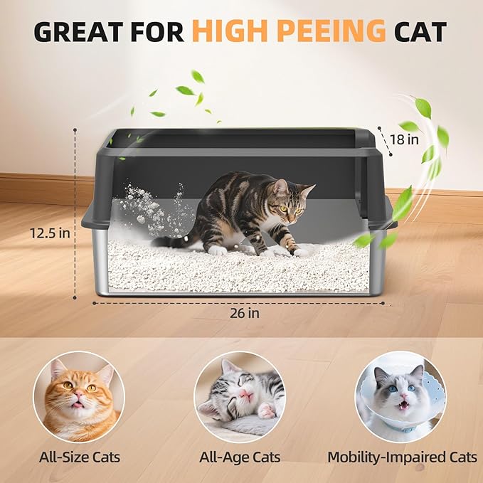 WoofiGo Enclosed Stainless Steel Cat Litter Box with Lid, XL Extra Large Litter Box for Big Cats, Metal Litter Pan High Sided, Never Absorbs Odors, Anti-Urine Leakage, Include Scoop (65-Darkgray)