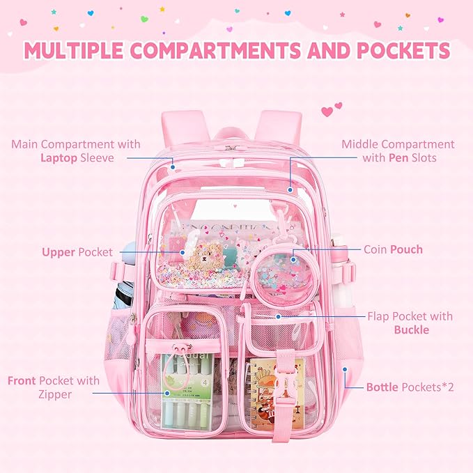 Clear Backpack for Girls School Clear Bookbag Stadium Events Heavy Duty Transparent Back Pack, Pink