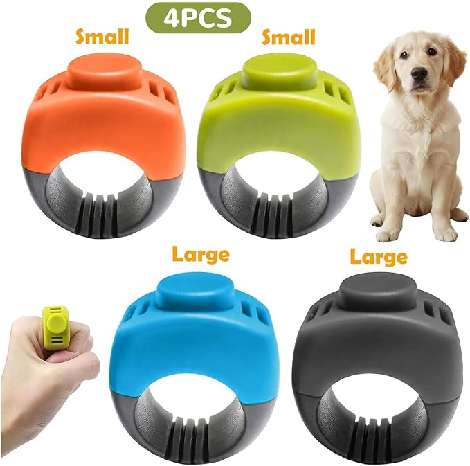 The Set of Easy Clicking Finger Ring Clicker for Dogs Cats Horses traing Allowing Effective Versatile Training (4pcs Grey+Green+Orange+Blue)