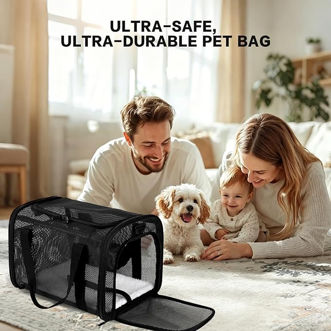 Dog Carrier Pet Carrier for Small Medium Cats Dogs Puppies up to 16 Lbs, TSA Airline Approved, Soft Sided, Collapsible Cat Bag Carrrier (Black, 17 * 11 * 11)