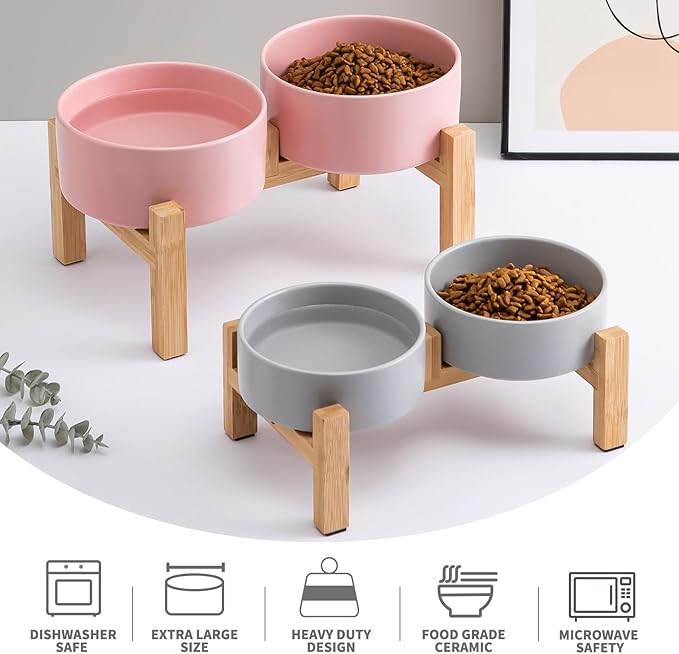 Raised Ceramic Dog Bowl Set - Elevated Dog Bowls with Non Slip Bamboo Stand, Food and Water Bowl Set for Small and Medium Breed Dogs, Pet Bowls, Weighted Dogs Dishes (6'', 2 * 30OZ, Pink)