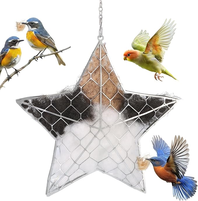 Handmade Fiber Bird's Nest Star Shape,Bird Nesting Material Holder,Spring Tree Shelter for Wild Bird,Garden Art Birdhouse,Include Bird Nesting Material,Suitable for Garden Decoration and Bird Nesting