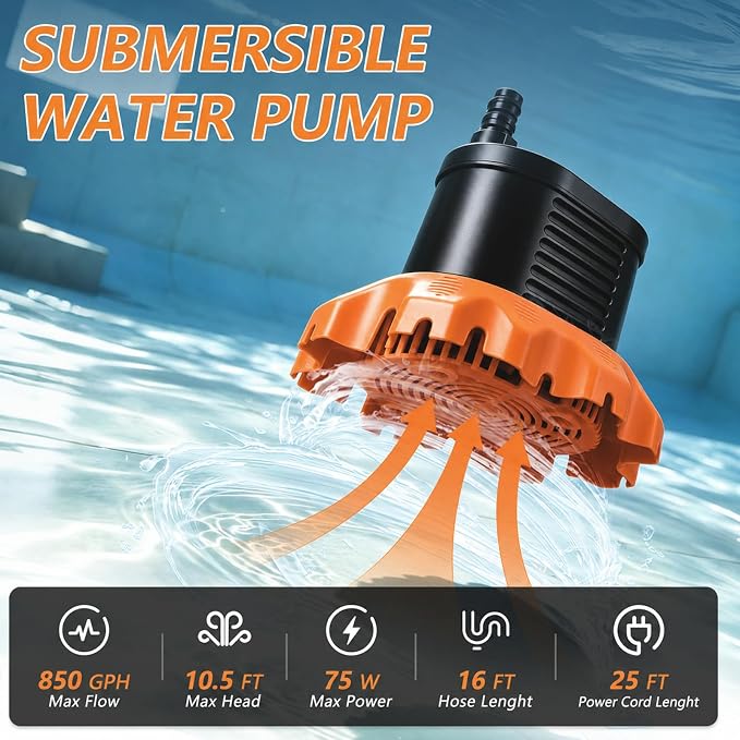 Pool Cover Pump Above Ground, 850 GPH Submersible Sump Pump for Pool Drain | 16FT Drain Hose, 25FT Power Cord, 3 Adapters, Safety and Sturdy, Powerful Water Removal for Pool Cover and Above Ground Pool
