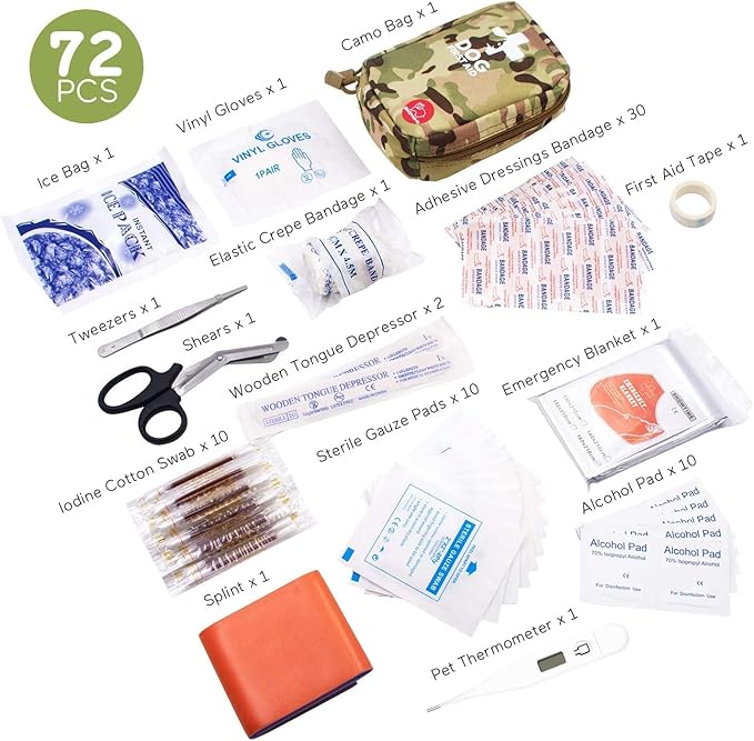 Portable Dog First Aid Kit 72 PCS Medical Supplies with Thermometer Emergency Blanket Splint Pet Emergency Bag for Camping Walking Cycling Car Hiking, Camo