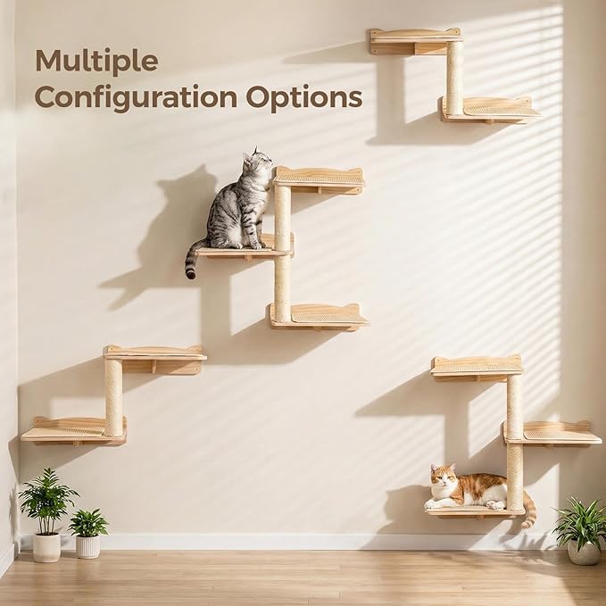 Cat Wall Shelves, 3-Tier Cat Shelves with Sisal Scratching Post, Sisal Mat Solid Pine Wood Wall Mounted Cat Climbing Furniture, Modular Design