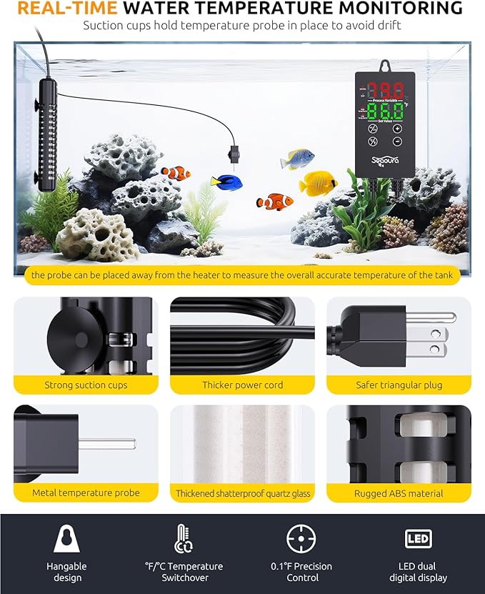 SEAOURA Aquarium Heater, 300W Fish Tank Heater for 50-60 Gallon, Submersible Heater for Aquarium with Over-Temperature Protection, Intelligent Controller & Auto Power-Off