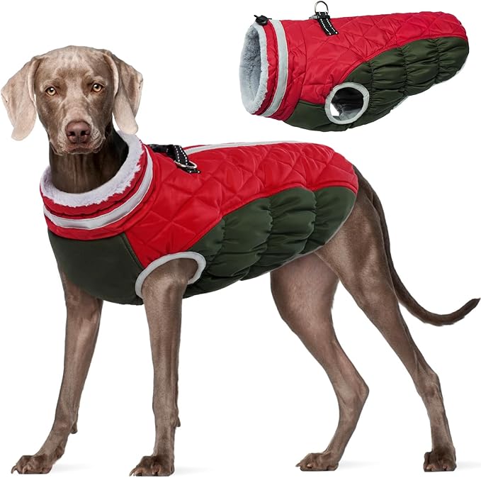 FUAMEY Dog Coat for Large Dogs,Waterproof Dog Winter Jacket with Harness Built in Puppy Cold Weather Coats Reflective Pet Vest with Zipper Warm Fleece Dogs Snowsuit Windproof L