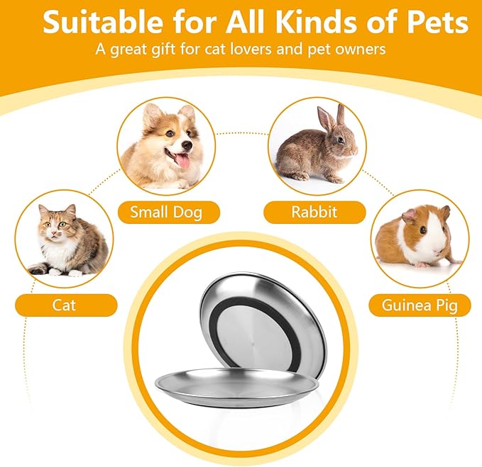 3 PCS Stainless Steel Cat Food Bowl Dish, 6.7" Shallow Flat Wide Cat Plates for Wet Food, Relief Whisker Fatigue, Removable Non-Slip Silicone Base, Replacement for Feeding Small Pet Kitten