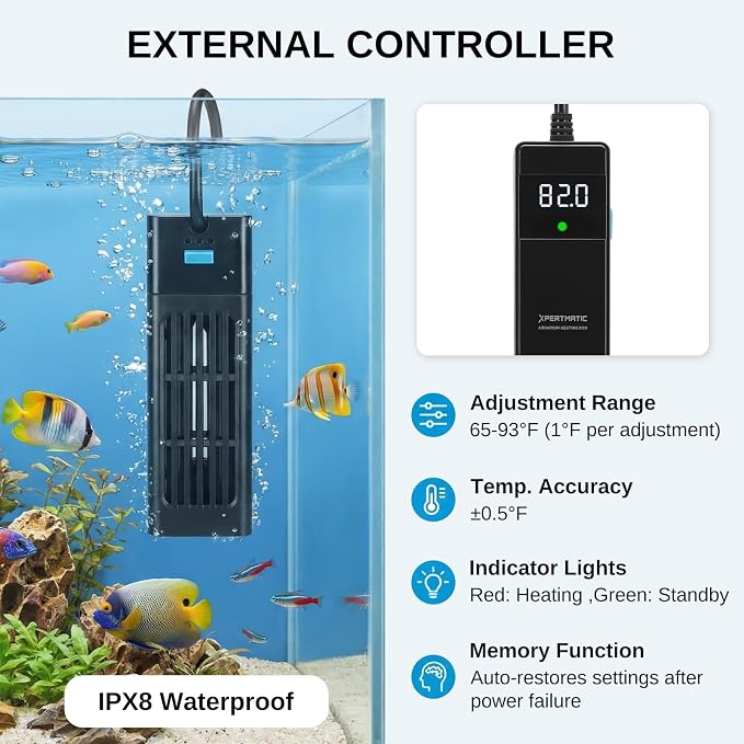 XPERTMATIC Aquarium Heater 200W Submersible Fish Tank Heater for 15–26 Gal | 65–93°F Adjustable with External Probe & PID Control, Auto Shut-Off, Quartz Glass, Fresh & Saltwater Safe