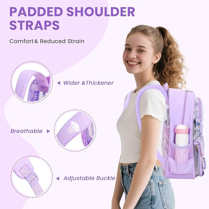 MUSEVOS Clear Backpack for School, Heavy Duty Clear Bookbag for Girls Boys Transparent Backpack with Badge Holder, Purple