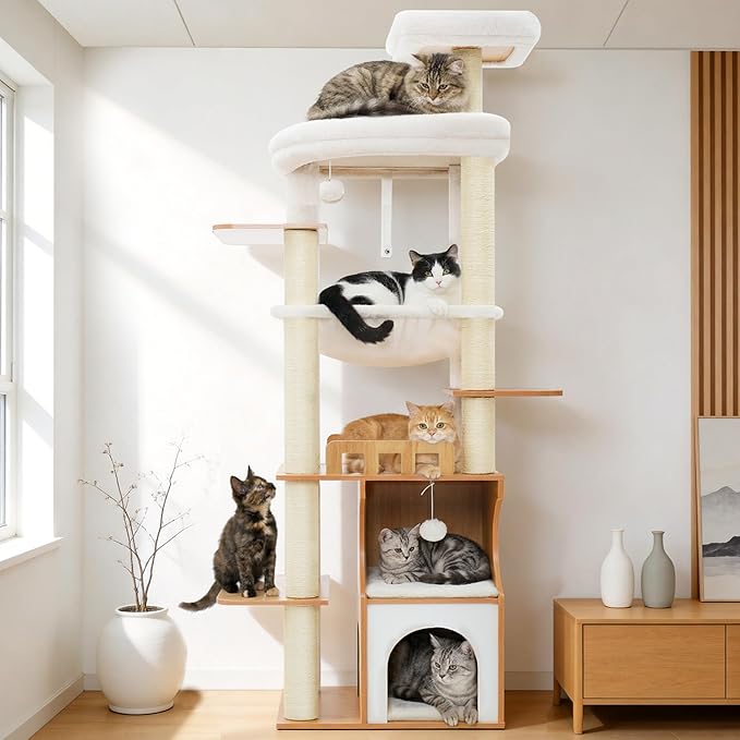 Gitelsnour Cat Tree, 70.9 Inch Wood Cat Tower for Large Cats Adult, Modern Cat Furniture with Double-Layer Wooden Cat Condo, 2 Platforms, Large Hammock and Scratching Posts, Walnut GCT102WB