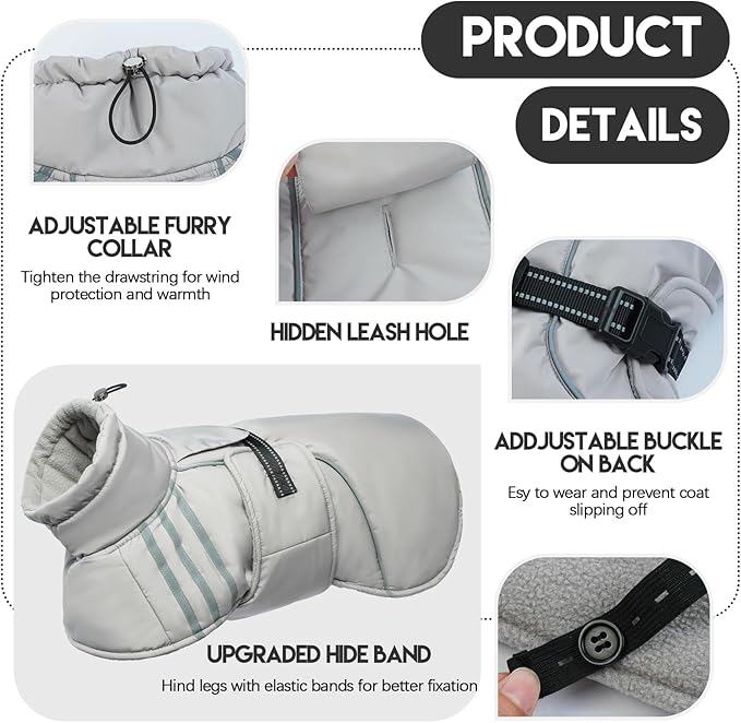 Warm & Dry Dog Coat, Reflective & Adjustable, Waterproof Windproof Jacket, Turtleneck Fleece Vest for Cold Weather, Fits Small to Large Dogs