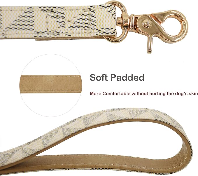 Leather Dog Collar and Leash Set, Check Pattern Dog Collar Leashes Metal Buckle Adjustable Durable for Small Medium Large Dogs (White, L(14.5-18.5IN))