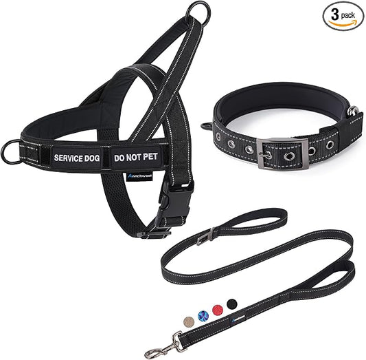 Annchwool No Pull Dog Harness,Heavy Duty Reflective Collar & Leash Set-Dog Leash with Double Handle & Car Seatbelt Clip-Easy Control for Walking Training Medium Large Size Dogs(Black,S)