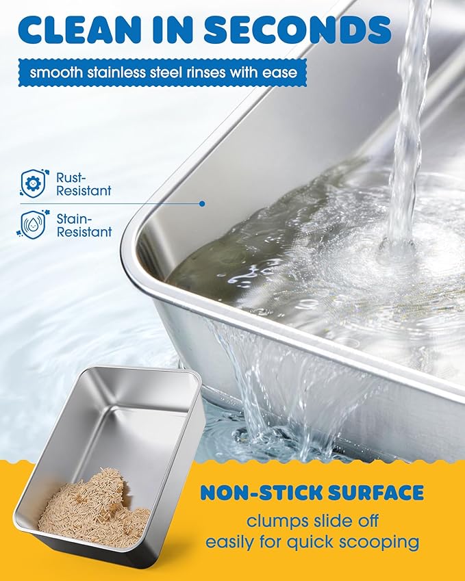 Powools Stainless Steel Cat Litter Box, Metal Litter Box with Scoop, High- Sided, Anti-Leakage Top Entry, Non-Sticky, Easy to Clean, Grey, XL (1 Pack)