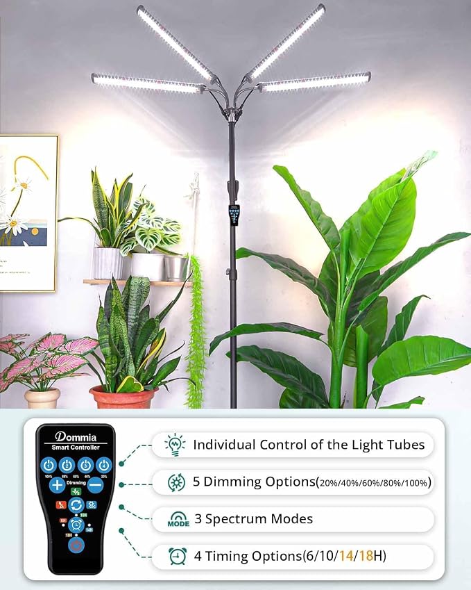 Floor Grow Light, 50W Dimmable, 15-105in Tripod with Timer | Full spectrum with 3 lighting modes, 6/10/14/18h auto timer, adjustable stand for all indoor plant growth stages