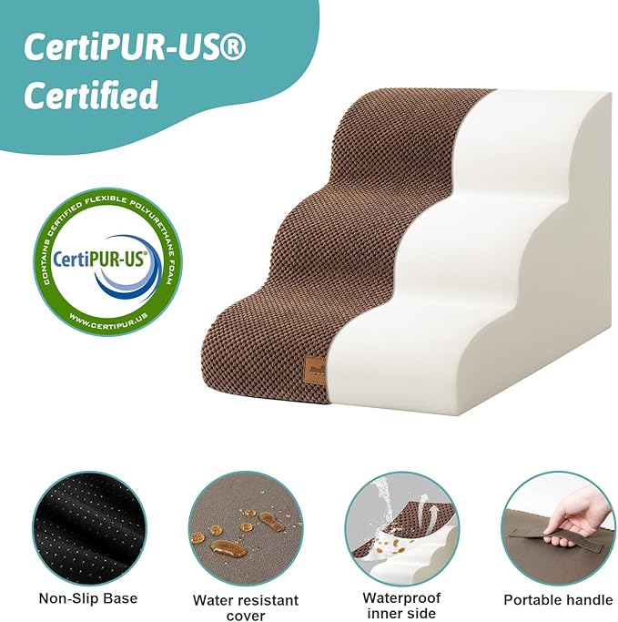 COZY KISS Wide Dog Stairs for Small Dog 15.7" H, Pet Step for Puppy, Older Cat, Curved Ramp for Couch, Durable Anti-Slip Ladder with High Density Foam, 3 Step, 17.7x22.4x15.7 inch, Brown
