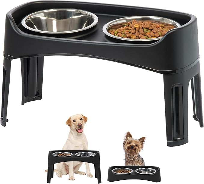IRIS USA Elevated Dog Bowls Adjustable Stand, Raised Feeding Station with 2 Stainless Steel 64 oz Bowls, Spill Guard, Dual Height 12.25" or 4.63", Made in USA, Black