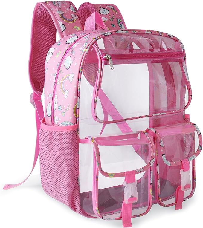 Clear Backpack for Girls, School Kids Heavy Duty See Through Bookbag Unicorn Transparent Backpack with Thicker Strap, Pink