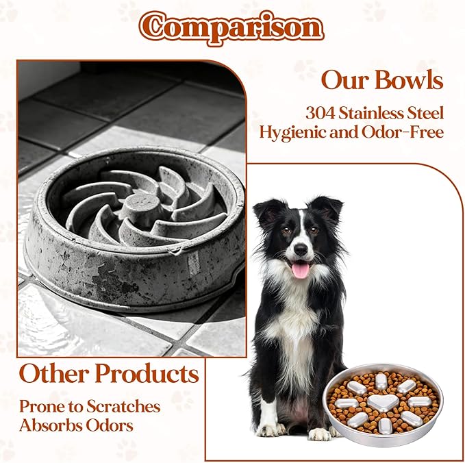 Stainless Steel Slow Feeder Dog Bowls, 2 Cups Metal Slow Feeder Bowl for Small & Medium Dogs, Pet Feed Bowl with Non-Slip Mat Base for Fast Eaters to Slow Down Eating, Dishwasher Safe, 1 Pack