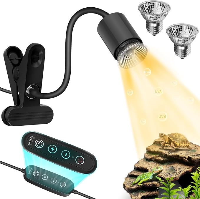 GOZILLA Reptile Heat Lamp, Turtle Lamp with 360° Goose Neck Rotatable Timing & Dimming Cycle Timer, 25W+50W UVA/UVB Reptile Light Bulbs for Reptiles and Amphibian Tanks, Terrariums and Cages.(Black)