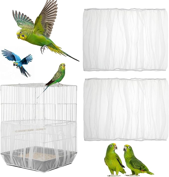 2 Pcs Bird Cage Netting Seed Catcher, Adjustable Bird Cage Skirt Birds Cages Net White Polyester Splash Guard for Parrot Finch Cages