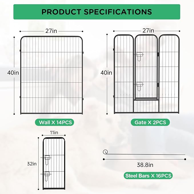 BestPet | Dog Playpen | 40 Inch, 16 Panels | Heavy Duty Metal Pet Exercise Pen | Indoor Outdoor Fence Panels | Rust-Resistant, Removable, Tool-Free Setup | Anti-Skid, Expandable Design