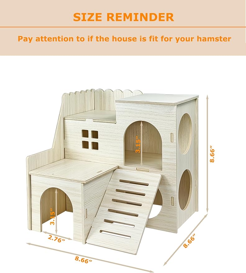 Hamster Hideout Cage Accessories - Hamster House and Habitat Wooden Hide Hut with Climbing Ladder for Syrian Dwarf Gerbils and Mouse Mice Rat Other Small Animals etc.