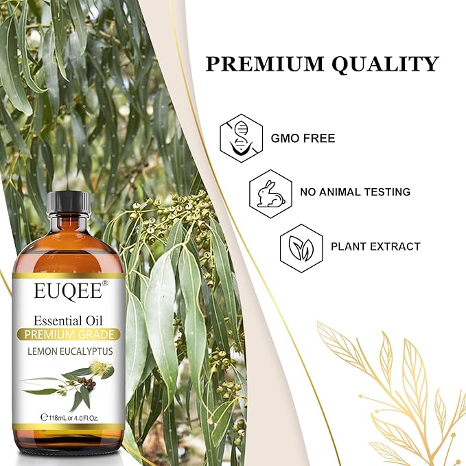 EUQEE Lemon Eucalyptus Essential Oil Pure Lemon Eucalyptus Oil, Large Capacity Essential Oil with Glass Dropper for Diffuser, Candle Making - 118ml / 4 Fl.Oz
