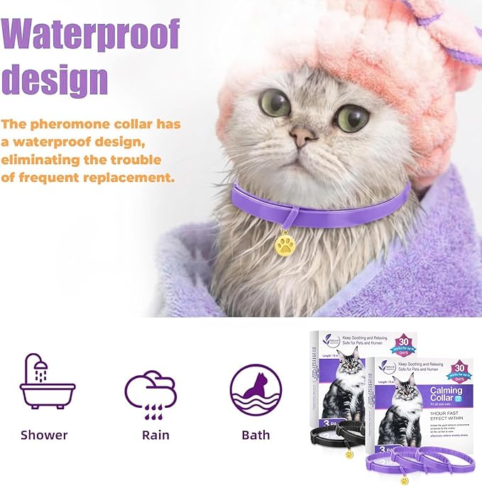 6 Pcs Calming Collar for Cats Adjustable Pheromones Relaxing 180-day Lasting Effect Cat Calming Collar with 2 Gold Pendant for Reduces Stress Anxiety, up to 15 Inches(Purple, Black)