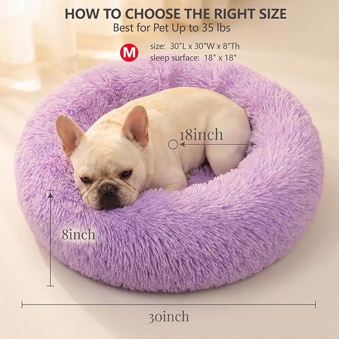 Calming Dog Bed for Medium Dogs Washable Donut 30 inches Anti-Slip Pet Bed,Round Fluffy Plush Faux Fur Cat Bed,Fits up to 45 lbs Pets,Purple