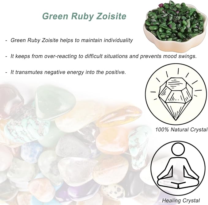 Erliway 100g Natural Green Ruby Zoisite Crystal Chips 7-9mm Tumbled Stones | Small Crushed Crystal Stone, Polished Crystals Chips for Fish Tank, Healing Tumbled Rocks for Reiki Jewelry Making Home Décor