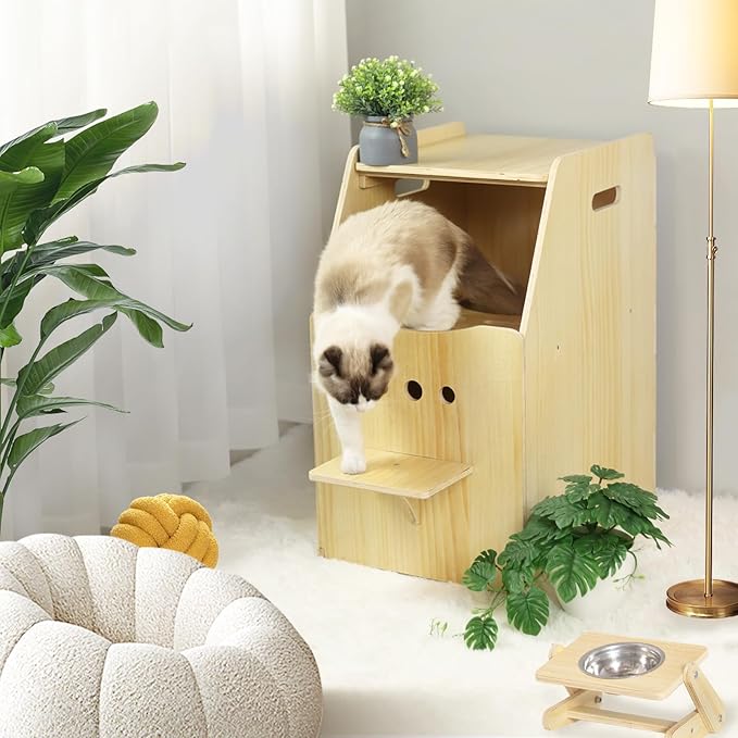 Cat Litter Box Enclosure,Enclosed Litter Boxes,Top Entry Cat Enclosure Furniture,Tall Enclosed Pet Cabinet, Wooden Washroom with Filter and Stairs for Indoor Cats,Dog Free (Natural)