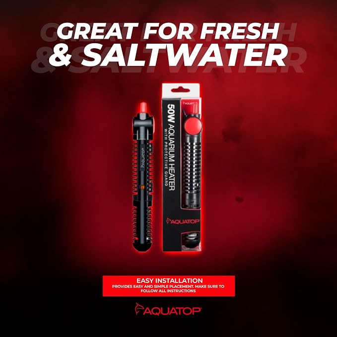 Aquatop 50W Premier Glass Heater with Guard – Submersible for Fish Tanks Up to 13 Gallons – 68-93°F Adjustable Temp – Fresh & Saltwater Use