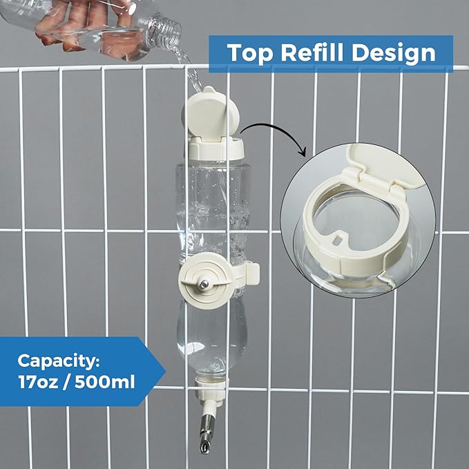 VANNON 17oz Small Animal Water Dispenser for Crate, Parrots Water Bottle for Cage, Chewproof Pet Water Bottle for Rabbits, Guinea Pigs, Ferrets, Chinchillas and Other Small Rodents, Top Fill, White