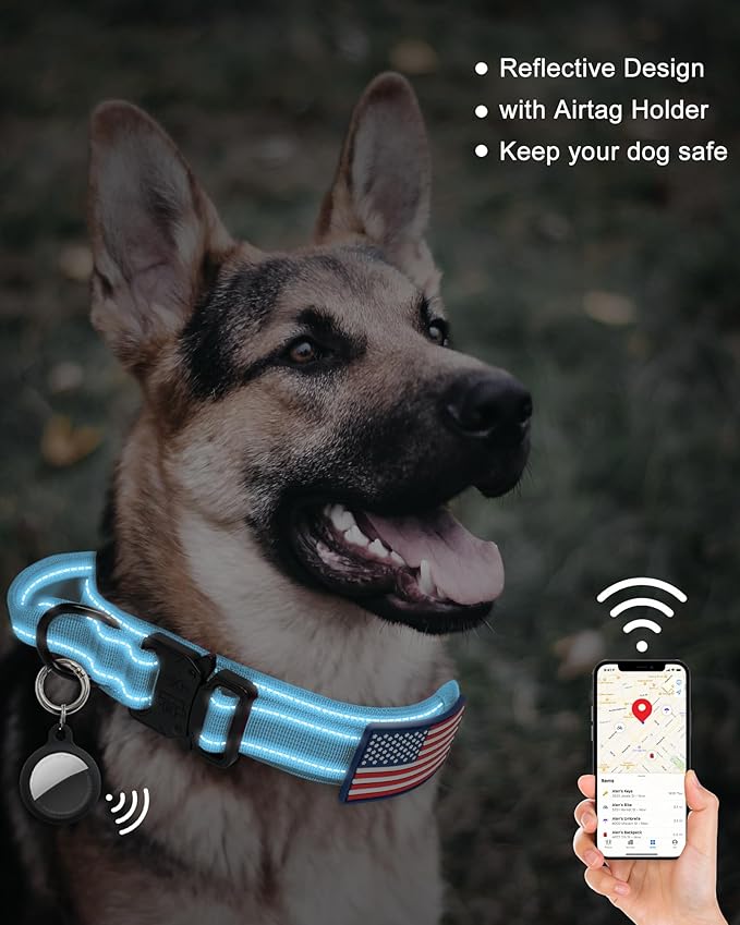 AUBELL Reflective Tactical Dog Collar,Adjustable Military Heavy Duty K9 Collars with Handle and Quick Release Metal Buckle Great for Medium Dogs, with Airtag Case and 2 Patches (Blue,M)