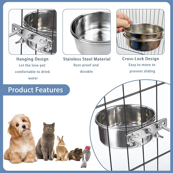 Stainless Steel Pet Crate Bowls, 2-Pack Rabbit Food Water Bowls No Spill Removable Hanging Parrot Feeding Cups Kennel Feeder Coop Cup for Small Medium Pets Birds Bunnies Cats Dogs (S+M)