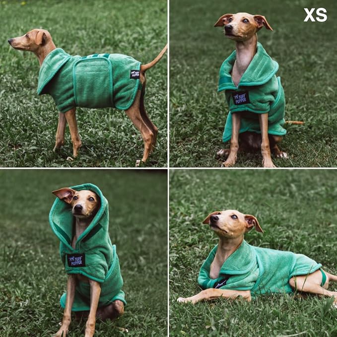 Tuff Pupper Fast Drying Dog Bath Robe | 800 GSM Plush Dog Towel Bathrobe/Dressing Gown | Super Absorbent Pet/Puppy Bathrobe | Adjustable Hood & Belly Strap | Super Soft | Fast Drying (XS, Green)