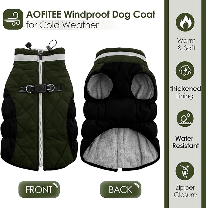 AOFITEE Dog Coat, Warm Dog Jackets for Small Dogs, Dogs Winter Coat with Harness Built in, Reflective Pet Winter Jacket, Waterproof Windproof Puppy Puffer Jacket Fleece Vest, Green XS
