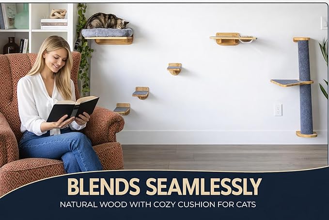 Cat Wall Shelves – Cat Wall Climber with Cat Scratch Post, Removable Bed, Climbing Steps, and Feeding Terrace with Glass Bowls, Waterproof Rubberwood Pet Furniture