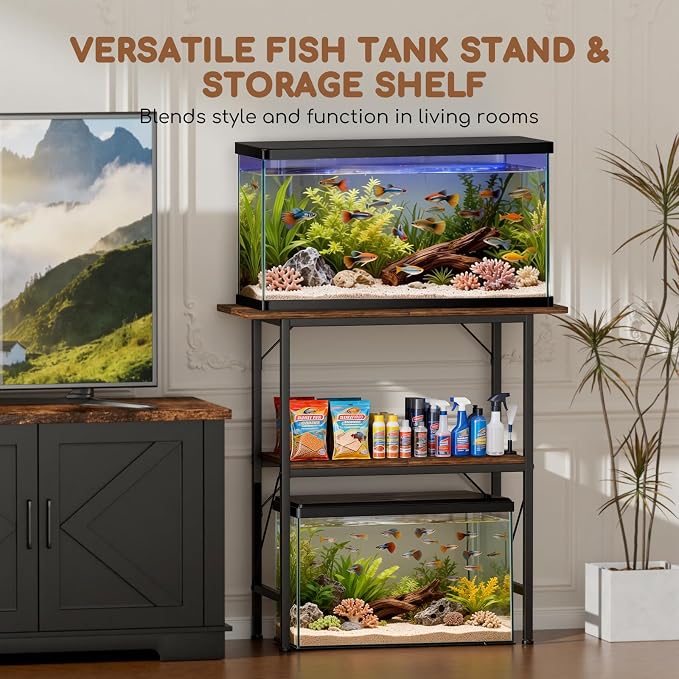 10-30 Gallon Fish Tank Stand with Storage Shelves, 2-Tier Aquarium Stand with Metal Frame, Heavy Duty Reptile Turtle Tank Stand for Home Office, 30" L x 11.8" W x 30.5" H, Rustic Brown