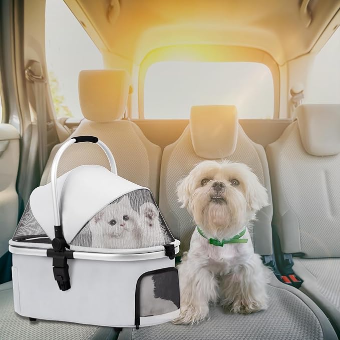 3 in 1 Pet Stroller for Small/Medium Dogs & Cats with Detachable Carrier, Storage Basket and Pet Pad, 4 Wheels Foldable Pet Travel Carrier for Car Seat & Hand Carry, Safe Outings (Grey)
