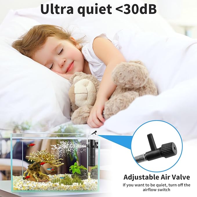 Aquarium Filter, Fish Tank Filter 4-in-1 for 10-30 Gallon Tanks, Submersible Internal Filter with Wave-Maker, Oxygenation & Adjustable Air Flow for Freshwater/Saltwater/Turtle Tanks (8W)