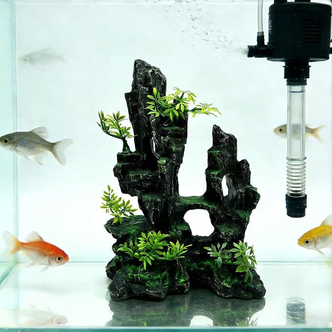 Tfwadmx Aquarium Mountain View Moss Tree Rock Cave Fish Tank Stone Ornament Landscape Decoration with Small Plants