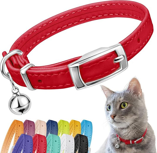 CollarDirect Leather Cat Collar with Removable Bell – Safety Elastic Strap (Breakaway Alternative) – Kitten Collar for Small & Big Boy & Girl Cats