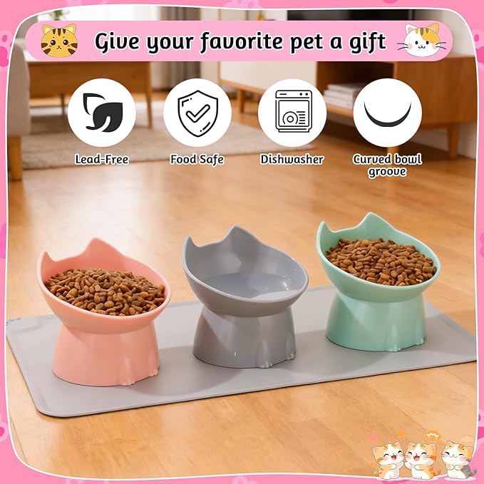 3 Pcs Elevated Cat Bowls 15°Raised Cat Food Bowl with Silicone Mat Whisker Friendly Anti Vomiting Cats Dishes Pet Food and Water Bowls for Indoor Cats Kittens, Pink, Green, Gray
