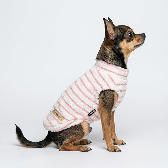 Fitwarm 2 Pack Striped Fleece Dog Sweater, Warm Winter Dog Clothes for Small Dogs Girl, Fuzzy Turtleneck Pet Outfit, Doggy Pullover Jumper, Rose Pink, White, Light Pink, XL