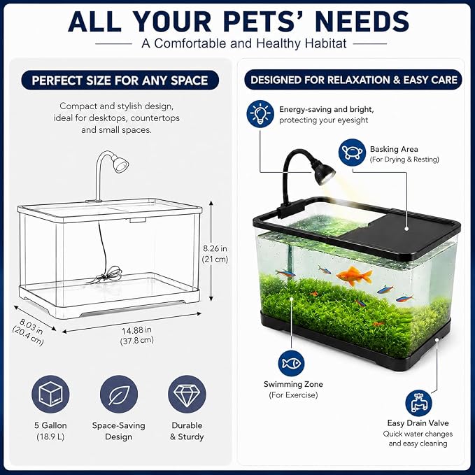5 Gallon Fish Tank Starter Kit for Betta Shrimp Guppy & Neon Tetra | Clear AS Plastic Desktop Aquarium with Bottom Drain, LED Light, Air Pump, Lid, Fish Net, Aquatic Plants and Pebbles for Home