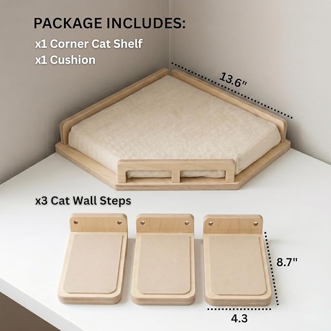 INICIO Cat Wall Shelves - Safe and Sturdy Cat Wall Furniture - Stylish Corner Shelf with 3 Steps for Cats up to 15lbs - Cushioned Perch and Stairs for Climbing and Playing - Natural Wood