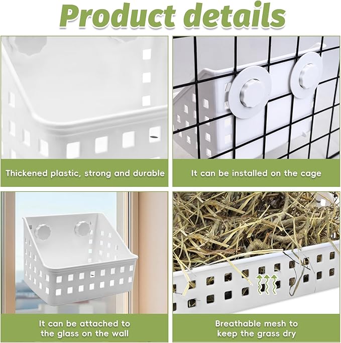 PINVNBY 2 PCS Hay Feeder for Rabbits, Less Wasted Hay Rack Manger, Hanging Guinea Pig Rabbit Hay Holder for Bunny, Chinchilla, Guinea Pig, Plastic Food Bowl Use for Grass & Food